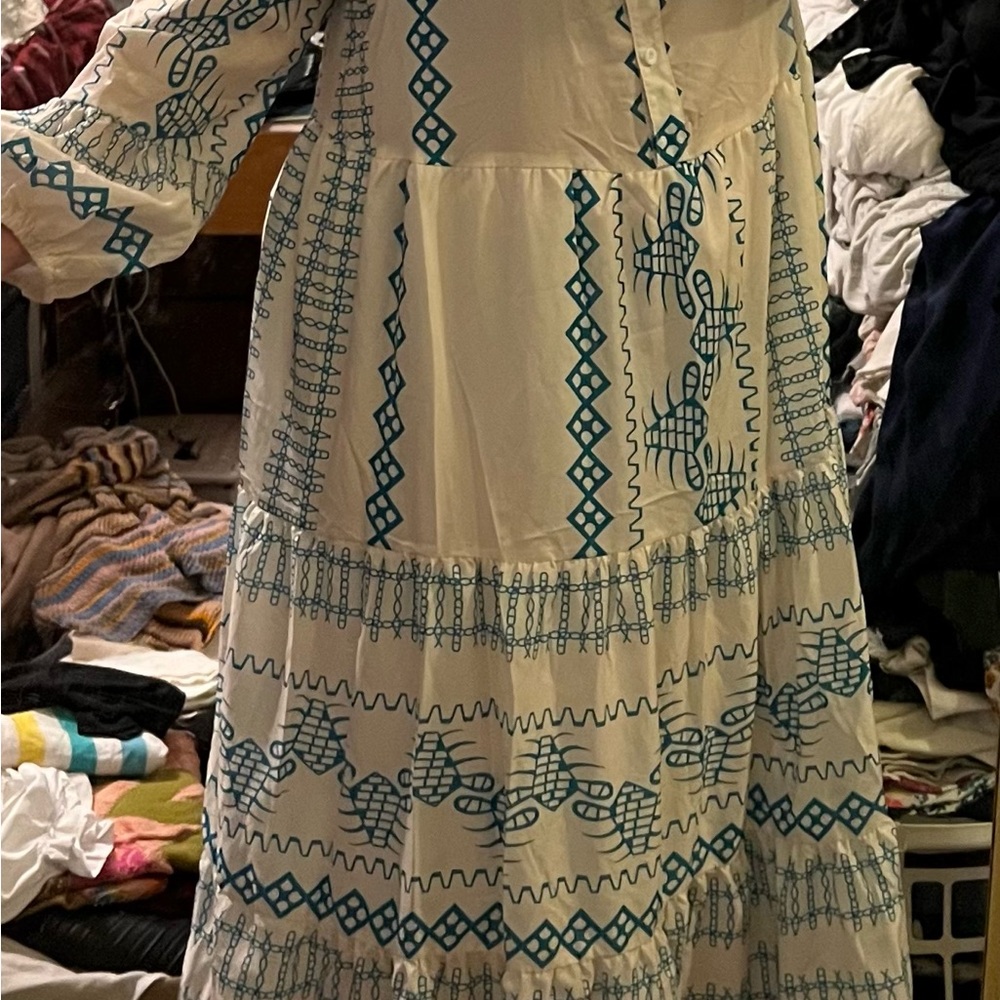 SHEIN White and Blue Geometric Long Sleeve Dress - Picture 4 of 5